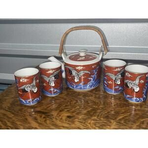Takahashi High Bridge Cranes Waves Teapot With 4 Cups Japanese  Enamel porcelain